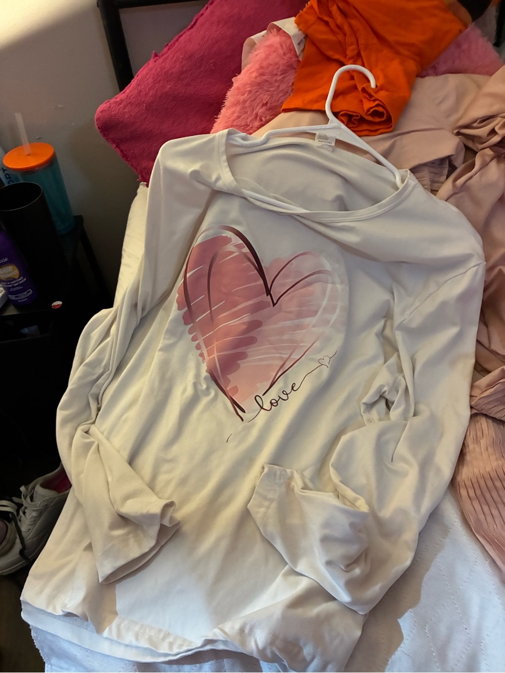 Women's Cream Long-Sleeve Heart Tee with Pink Heart Graphic